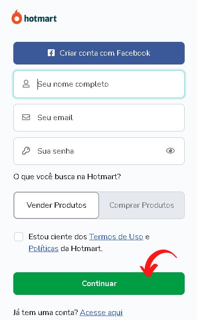 Criando conta na Hotmart
